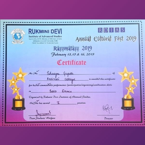 Shreya Gupta - Awards 1st in Inter College Solo Dance Competition