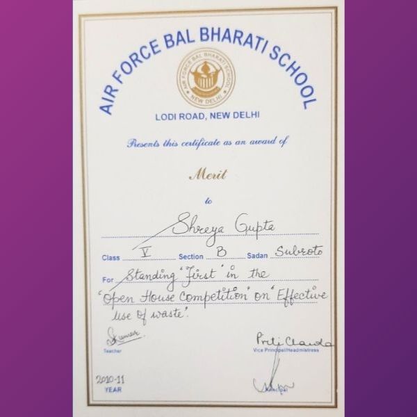 Shreya Gupta - Awards 1st in Best out of Waste Competition