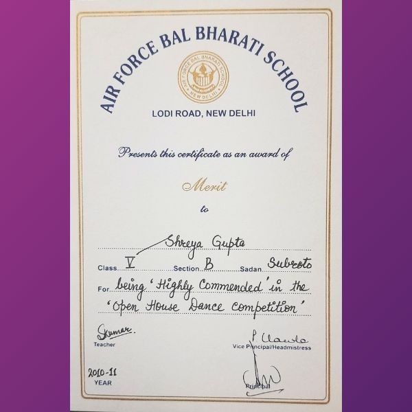 Shreya Gupta - Awards Highly Commended in Open House Dance Competition