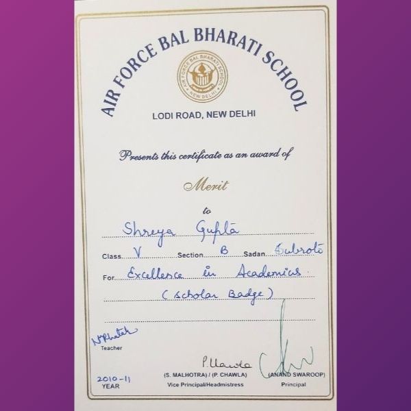 Shreya Gupta - Awards Excellence in Academics