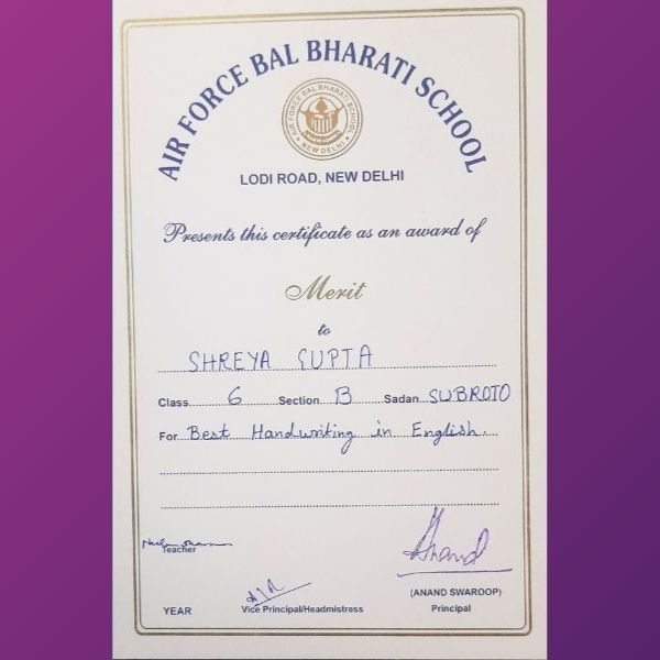 Shreya Gupta - Awards Best Handwriting in English