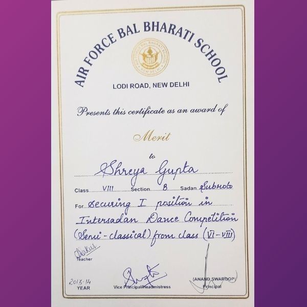 Shreya Gupta - Awards 1st in Inter Sadan Dance Competition