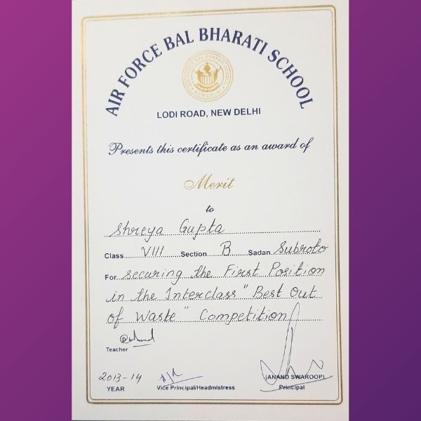 Shreya Gupta - Awards 1st in Interclass Best out of Waste Competition