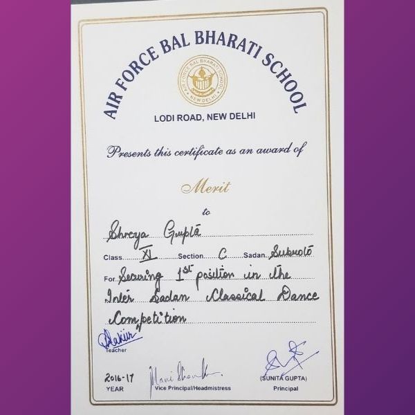 Shreya Gupta - Awards 1st in Inter Sadan Classical Dance Competition
