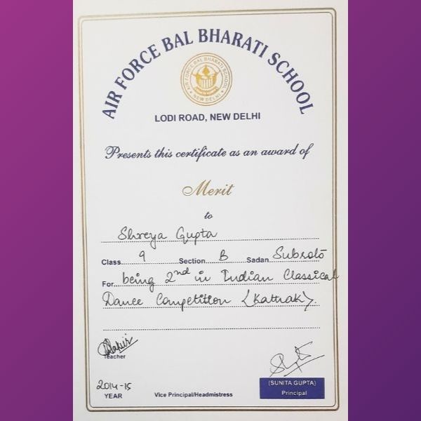 Shreya Gupta - Awards 2nd in Indian Classical Dance Competition