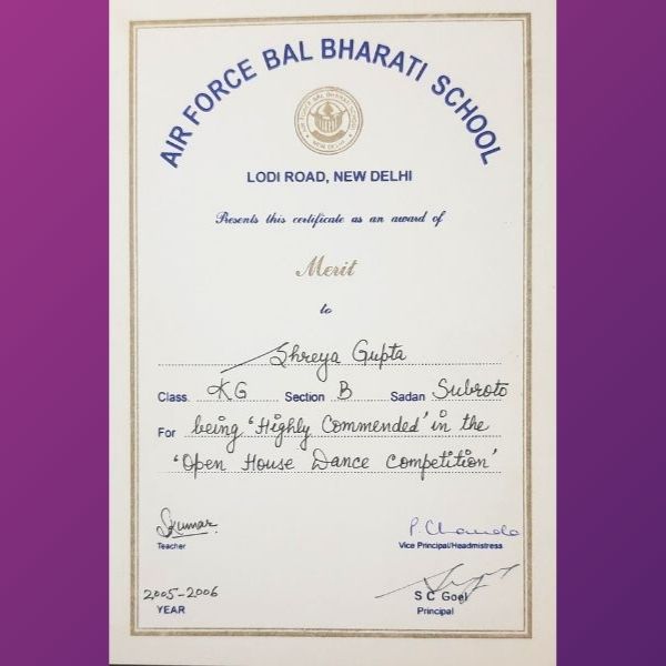 Shreya Gupta - Awards Highly Commended in Open House Dance Competition