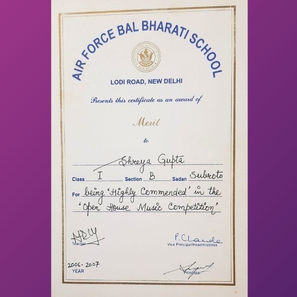 Shreya Gupta - Awards Highly Commended in Music Competition