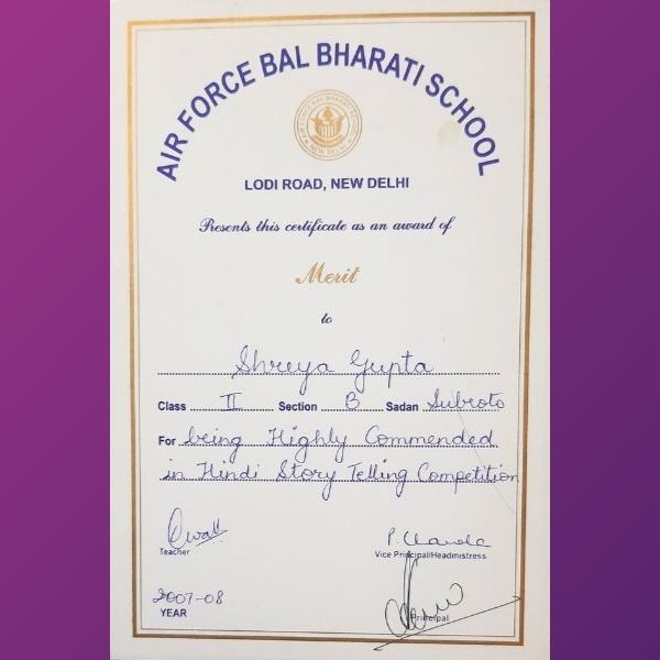 Shreya Gupta - Awards Highly Commended in Story Telling Competition