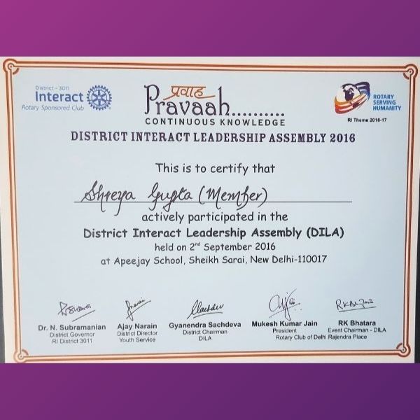 Shreya Gupta - Awards Participation in DILA (District Interact Leadership Assembly)