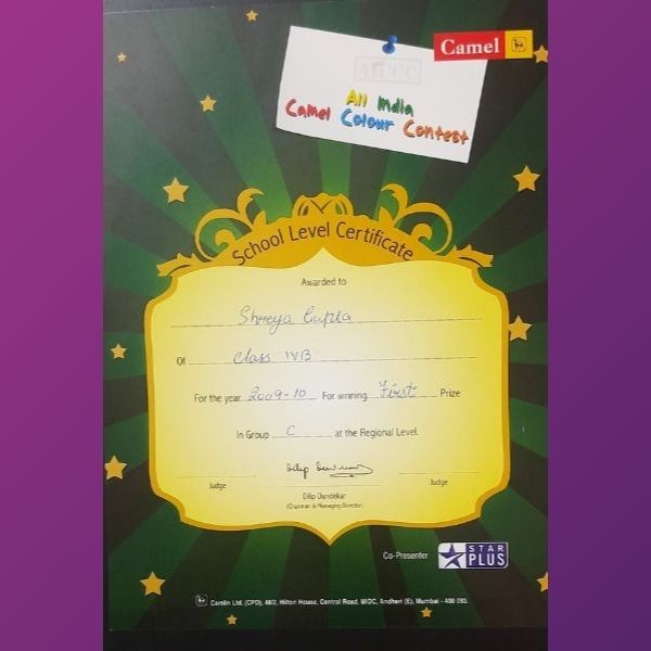 Shreya Gupta - Awards 1st at Regional Level in All India Camel Colour Contest