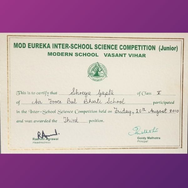 Shreya Gupta - Awards 3rd in Inter-School Science Competition