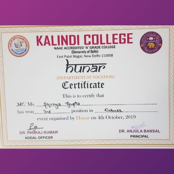 Shreya Gupta - Awards 3rd in Debugging competition