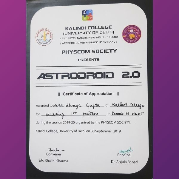 Shreya Gupta - Awards 1st in Coding-Decoding Competition