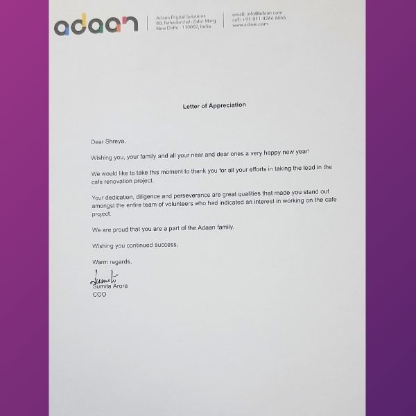 Shreya Gupta - Awards Appreciation of Leadership in Cafe Renovation Project