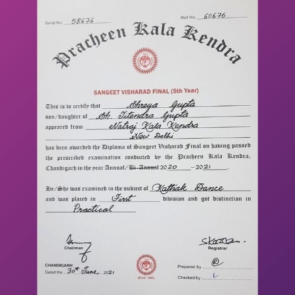 Shreya Gupta - Awards Senior Diploma (Visharad) in Kathak Dance