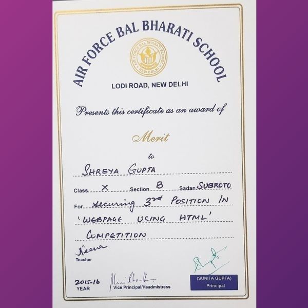Shreya Gupta - Awards 3rd in Webpage Designing Competition