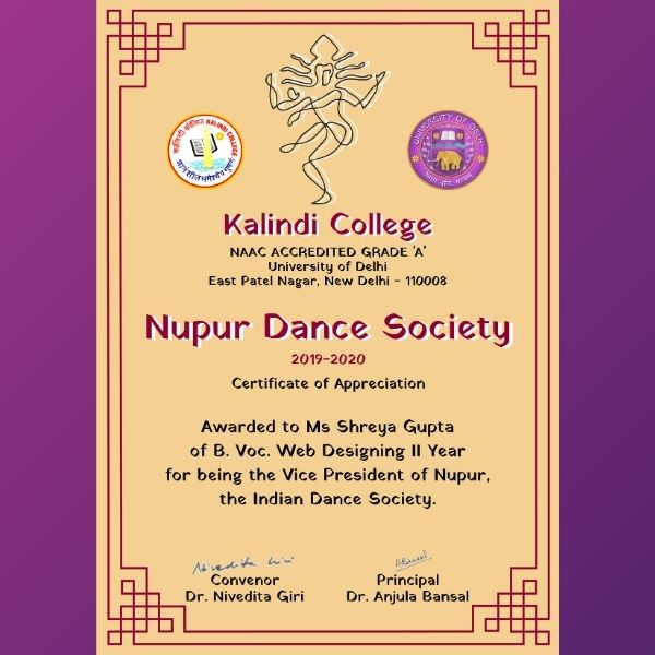 Shreya Gupta - Awards Vice President of Indian Dance Society in College