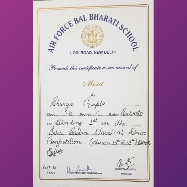 Shreya Gupta - Awards 1st in Inter Sadan Classical Dance Competition