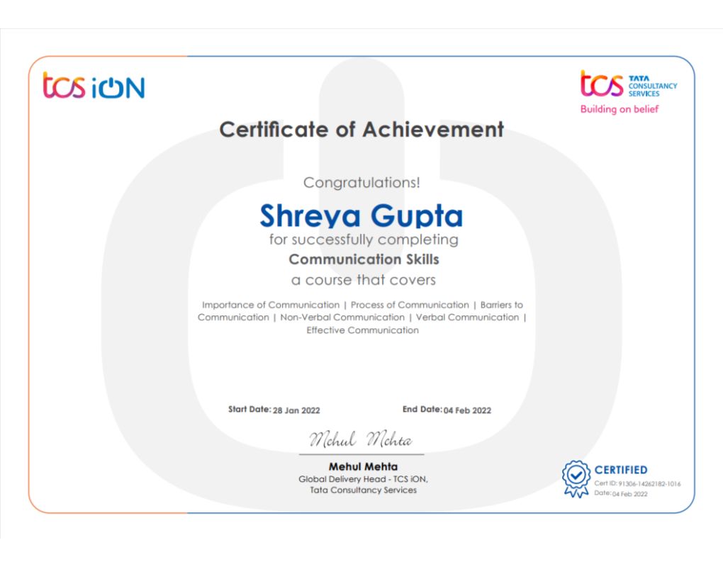Shreya Gupta - Certification - Communication