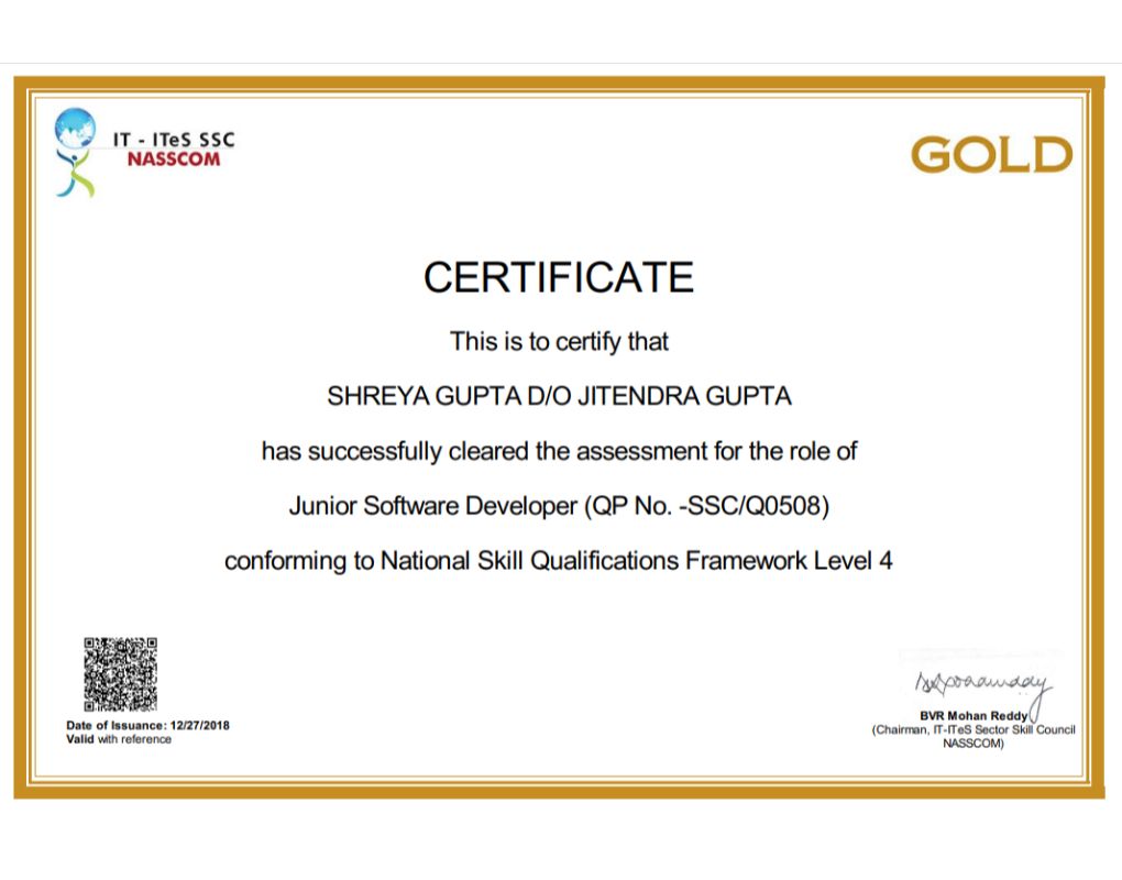 Shreya Gupta - Certification - NASSCOM NSQF Level 4