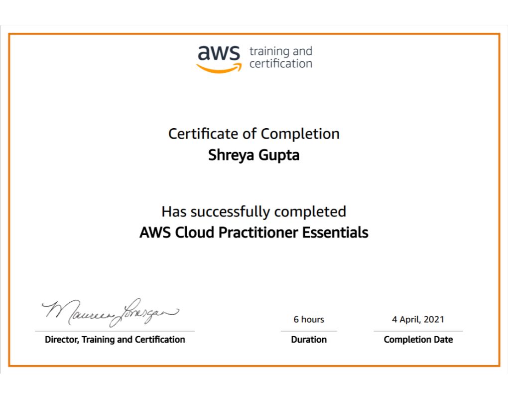 Shreya Gupta - Certification - AWS Cloud Practitioner Essentials