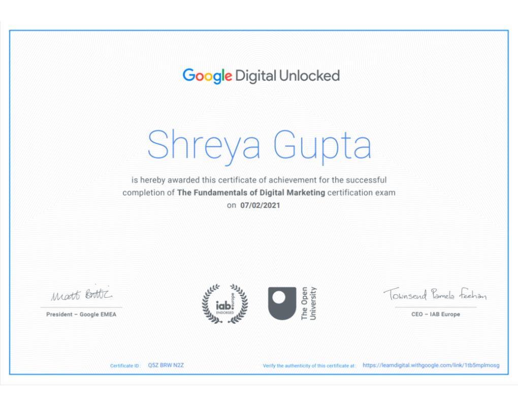 Shreya Gupta - Certification - Fundamentals of Digital Marketing